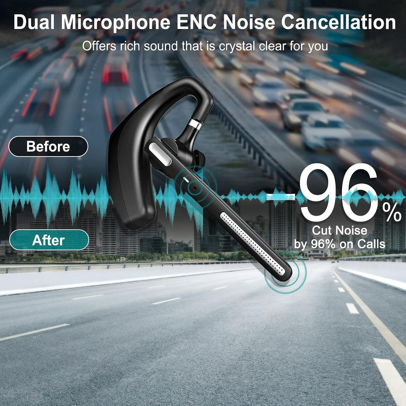 Bluetooth Headset ,Wireless bluetooth earpiece with ENC Noise Cancelling Mic, 110H Playback, Bluetooth 5.1 Dual Connectivity, Wireless Headphones Compatible iPhone/Android/PC (Office/Driving) Black