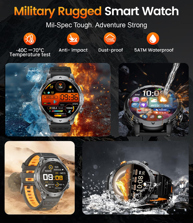 LIGE Military Smart Watches for Men(3 Bands),1000mAh Battery/1.7" HD Large Screen Smartwatch, Flashlight/120+ Sports Modes/Sleep Monitor, 5ATM Waterproof Fitness Tracker Watch for Android iOS,Black Black