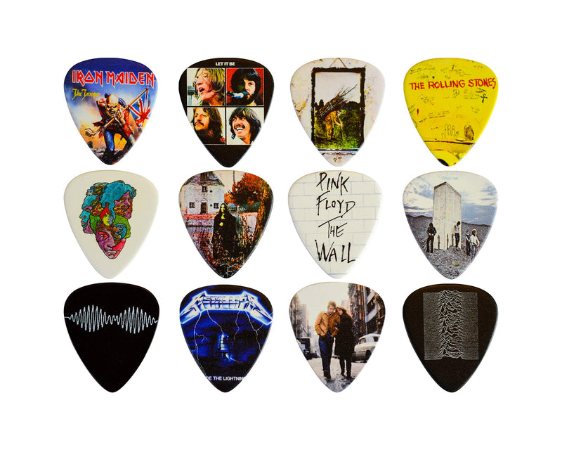 12 x Classic Albums Guitar Picks Set Guitar Plectrums For Every Guitarist Both Sided Print Pick In Pick Tin Sized 0.46, 0.71, 0.81, 0.88, 0.96, 1.2 mm Electric Guitar, Acoustic Guitar And Bass (Set 2)
