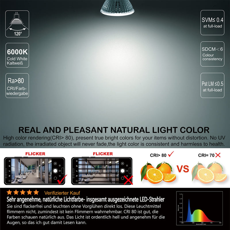 EACLL GU5.3 LED Cool White 6 W Replaces 50 W Halogen MR16 Bulb, Pack of 6, 595 Lumen 6000 K Bulb, AC/DC 12 V Flicker-Free Spotlight, Beam Angle 120 Degree Spot, Non-Dimmable Reflector Lamps 6000 K Cool White Light 6 pcs (pack of 1) 6w