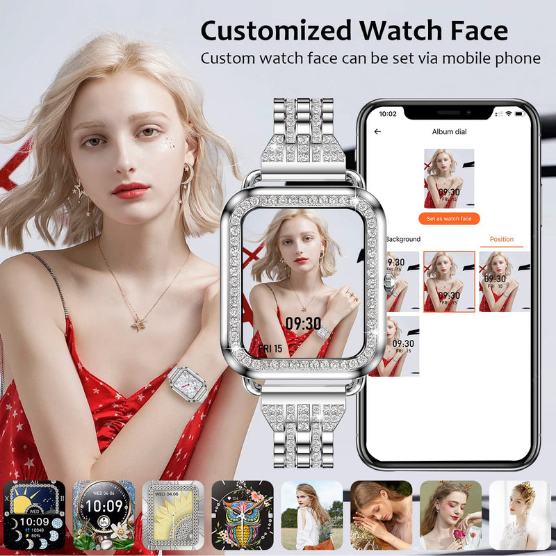 Efolen Smart Watches for Women with Diamonds (Answer/Make Call), 1.57'' Bluetooth Smartwatch for Android iOS Phones, Waterproof Fitness Tracker with Heart Rate/SpO2/Sleep/BP/AI Voice (Silver) Silver