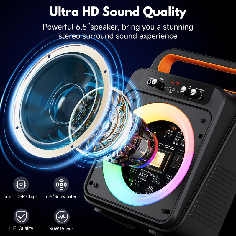 [AUSTRALIA] - JYX Karaoke Machine with 2 Wireless Microphones, Portable Bluetooth Karaoke Speaker for Adults, PA System Speaker with LED Lights Support REC/USB/AUX/TF for Outdoors Home Party (MS79) MS79 