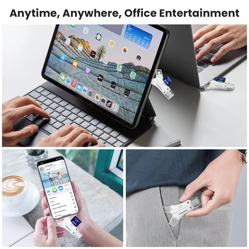 USB-C Card Reader, SD/Micro SD Memory Card Adapter with Lightning USB A USB C Connectors, Plug and Play OTG Camera Card Reader for iPhone, iPad, Android, Laptop, PC, and More