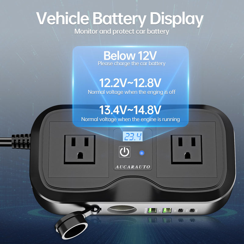 200W Car Power Inverter DC 12V to 110V AC Car Plug Adapter Outlet | LED Voltmeter, 4-Port PD/QC3.0 USB A/C, 2 AC Outlets and Cigarette Lighter Splitter Car Charger for Laptop/Camping/Road Trip 200W
