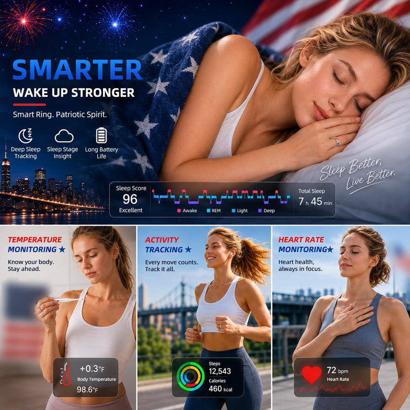 Smart Ring Fitness Tracker Men & Women, Health Sleep Tracker (Gold, #8) | Heart Rate, Blood Oxygen, HRV, Stress Monitor, No Subscription, IP68 Waterproof, iOS & Android