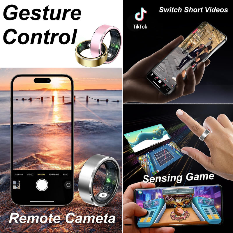 Smart Ring Fitness Tracker Heart Rate Monitor Sleep Tracker Gesture Control Fitness Rings Blood Pressure Pedometer Calories Step Counter Waterproof Health Smart Rings for Women Men with Charging Case #10 Gold