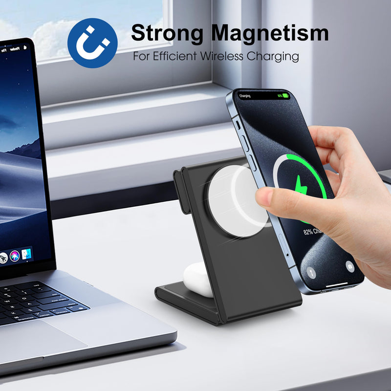 3 in 1 Wireless Charging Station for Multiple Devices, Fast Foldable Travel Mag-Safe Stand for iPhone 15 14 13 12 Pro Max/Plus/Pro/Mini, Magnetic Charger for Apple Watch/AirPods Pro with 20W Adapter Upgraded Black