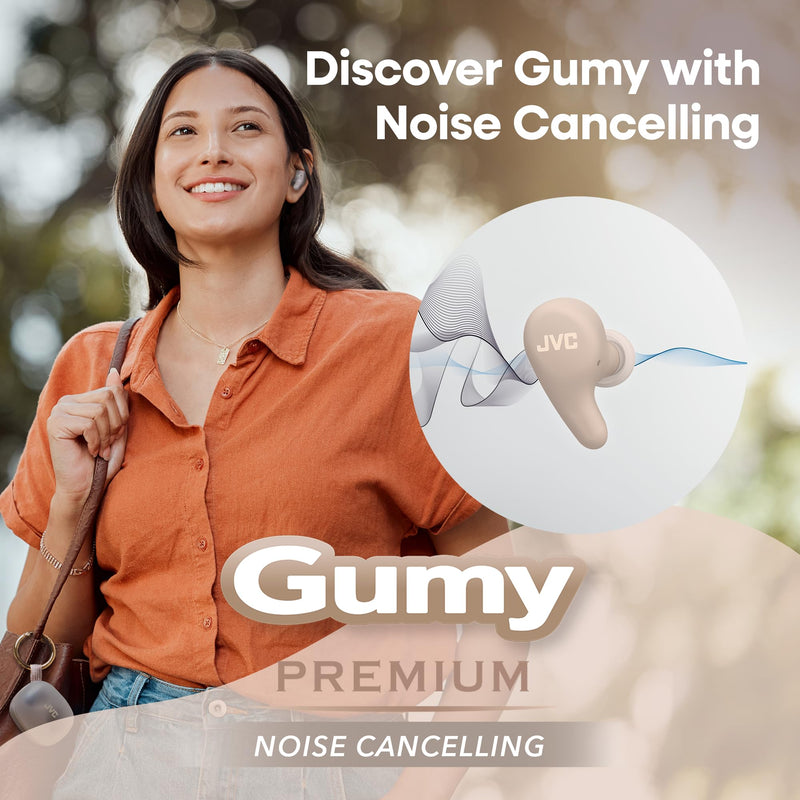 JVC Gumy Premium True Wireless Earbuds Noise Cancelling, Bluetooth 5.4 Headphones 26H Battery, ANC Ambient Mode, Gaming Low Latency, USB-C Case Mocha