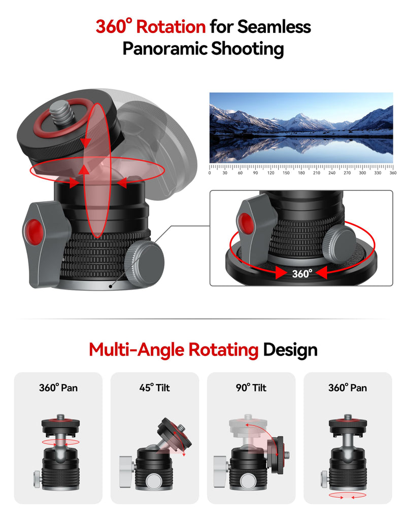 IFOOTAGE T31D Mini Ball Head, Camera Tripod Head with Cold Shoe Mount | 360° Swivel & 90° Tilt Aluminum Ball Head, 1/4" & 3/8" Screw Adapter for DSLR Camera, Mirrorless Camera, Phone, Video Light