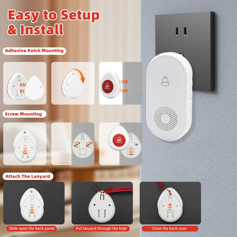 Nestling® Wireless Caregiver Pager SOS Call Button for Elderly Monitoring, Emergency Alert System Call Bell for Nurse Patient Disabled 1 Waterproof Transmitter & 1 Plugin Receiver