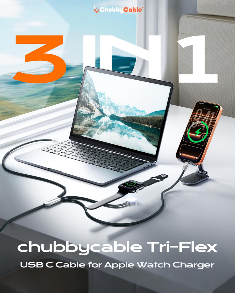 chubbycable 3 in 1 Silicone USB C Cable for Apple Watch, Orange, 4.1FT | Travel Essentials, 100W Fast Charging, Strong Magnetic, 480Mbps Data Transfer, E-Marker Safety Chip, 45,000+ Bend Tested