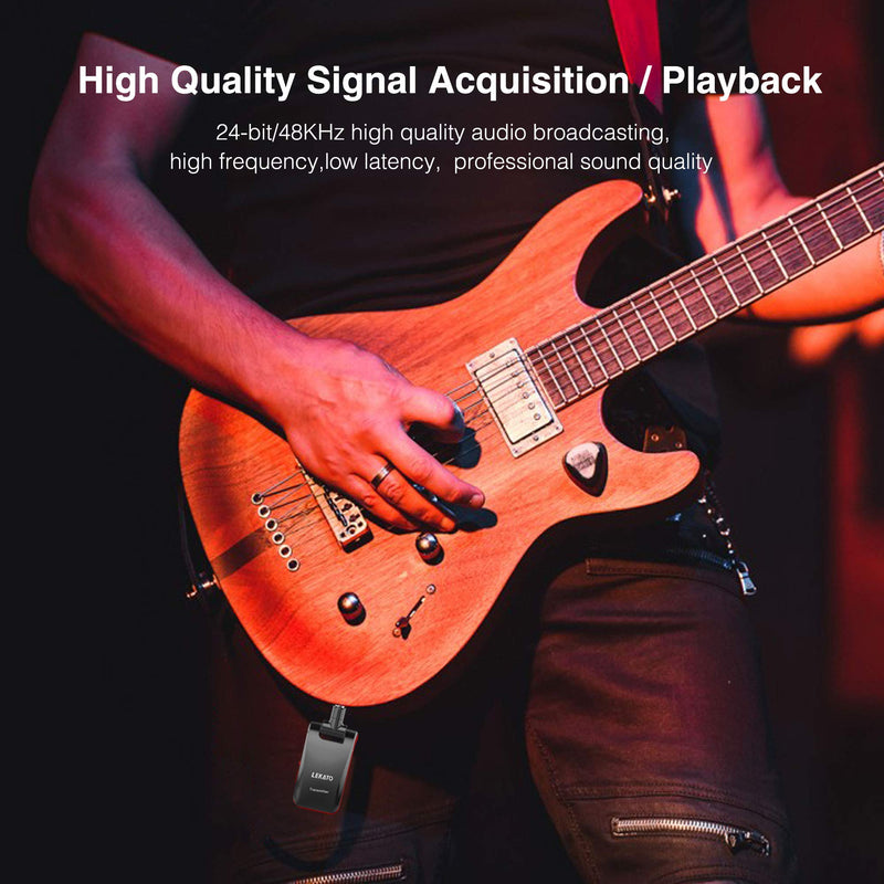 [AUSTRALIA] - LEKATO Wireless Guitar System 2.4GHz Rechargeable Audio Wireless Transmitter Receiver 6 Channels for Guitar Bass Electric Instruments, Stereo and Mono 1/4” & 1/8” 2 in 1 Plugs,Black(WS-60) black 