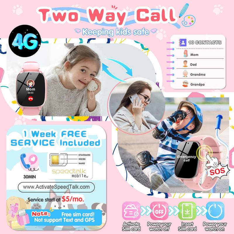 4G Kids Smart Watch – Smartwatch for Kids with Call SOS Music Camera Video Alarm Pedometer Calculator Stopwatch Educational Games, Smart Watch Phone with SIM Card for Boys Girls Ages 4-12(Pink)