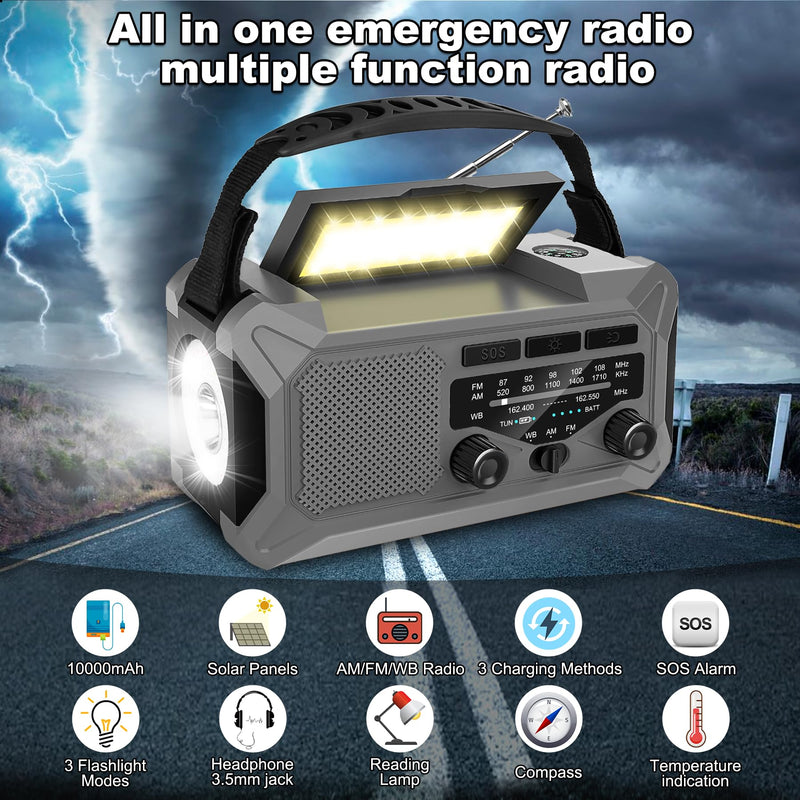 10000mAh Emergency Weather Radio with Solar Charging, Hand Crank Radio Solar Radio Portable Radio AM/FM/NOAA Radio LED Flashlight Reading Lamp Compass Phone Charger Outdoor Camping-Grey Grey