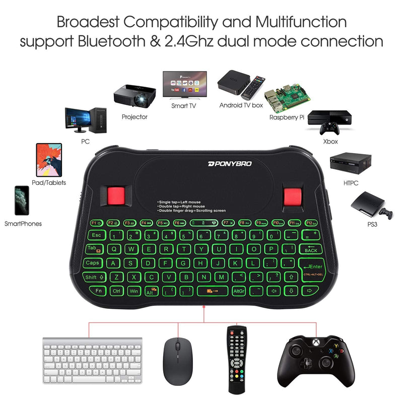 PONYBRO Backlit Mini Bluetooth Wireless Keyboard with Touchpad QWERTY keypad,Support Bluetooth＆2.4G USB Connection,Rechargeable Handheld Keyboard Remote for Smartphones,Smart TV,Android TV Box,PC,Pad.