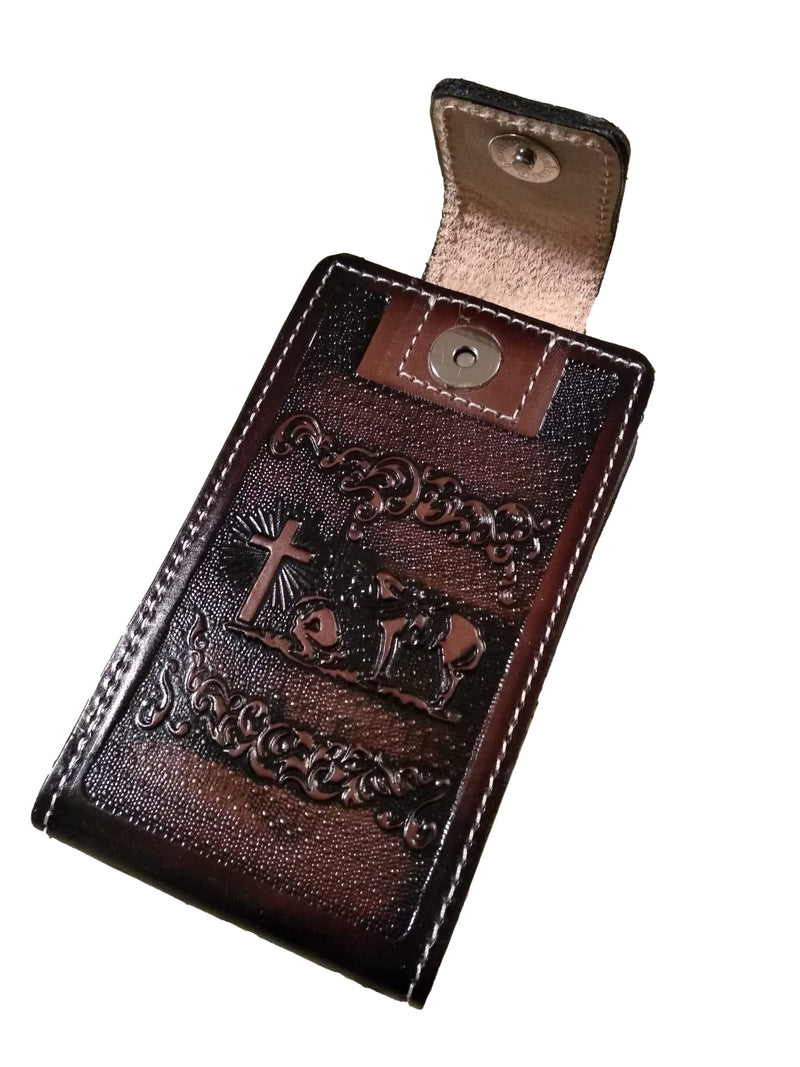 Western autentic Tooled Leather Mexican Cell Phone case for Belt. Men and Horse Pray Design. with Magnetic Closure. Universal Size (Brown) brown