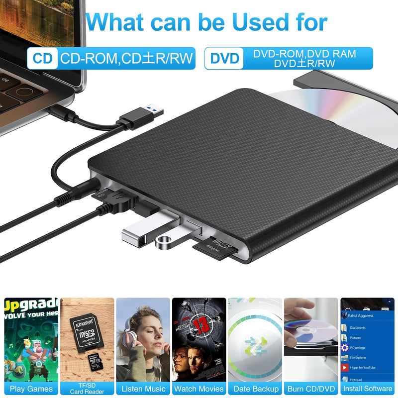 External CD DVD Drive for Laptop USB 3.0 USB C CD Burner External DVD Drive Portable CD ROM Burner Reader Writer Drive External DVD Player for Laptop Desktop PC Windows 11/10/8/7 MacBook Mac OS Linux black-8 in 1
