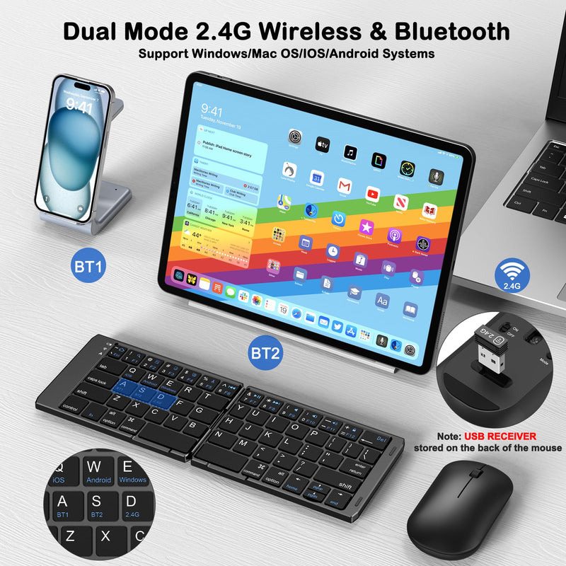 Foldable Keyboard and Mouse, EDJO Folding Wireless Keyboard Mouse Combo with Phone Holder, 2.4G Wireless and Bluetooth, USB-C Rechargeable Portable Keyboard Mouse for iOS Android Windows Mac OS