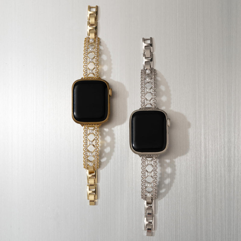 Lace-Inspired Copper Watch Band for Women Compatible with Apple Watch 38/40/41/42/44/45/46/49mm, for iWatch Series 11/10/9/8/7/6/5/4/3/2/1 Ultra3 SE, Pearl Metal Bracelet Silver 42(Series 10-11)/38/40/41mm