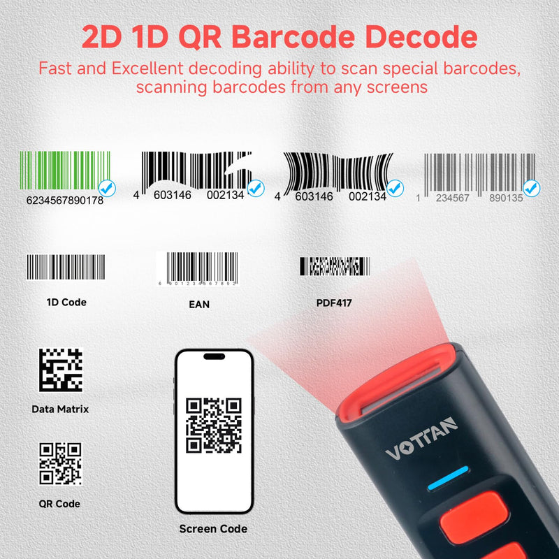 [AUSTRALIA] - VOTTAN Bluetooth QR Barcode Scanner with Charge Stand, 1D 2D PDF417 UPC Pocket Bar Code Reader, 3-in-1 Rechargeable Automatic Scan Wireless Barcode Scanner for POS, PC, iOS, Android 