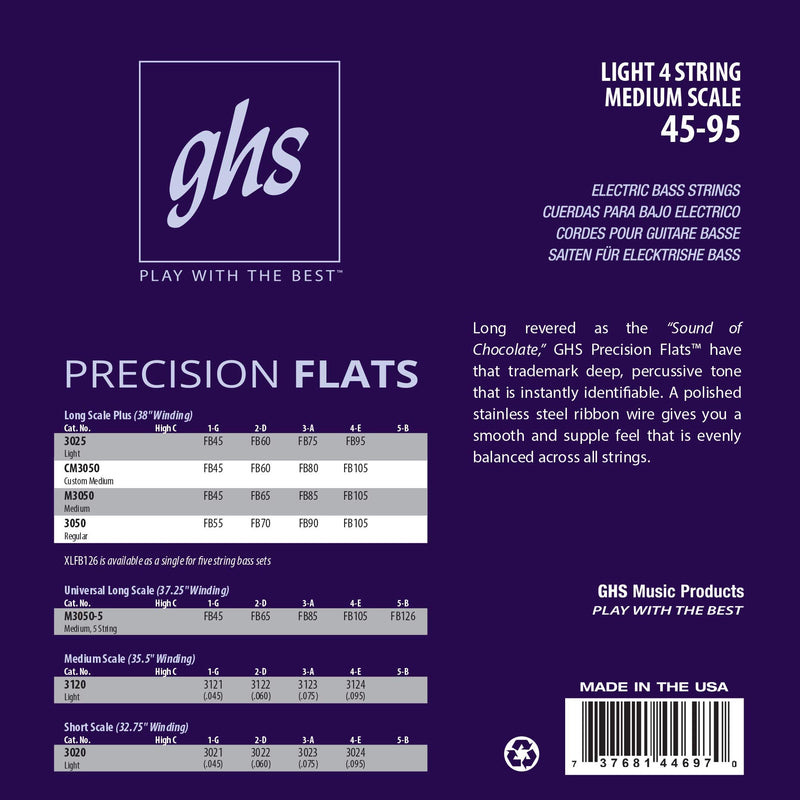 [AUSTRALIA] - GHS Strings Medium Scale, 4-String Bass Precision Flats, Stainless Steel Flatwound, 35.5" Winding, Light (45-95) (3120) 