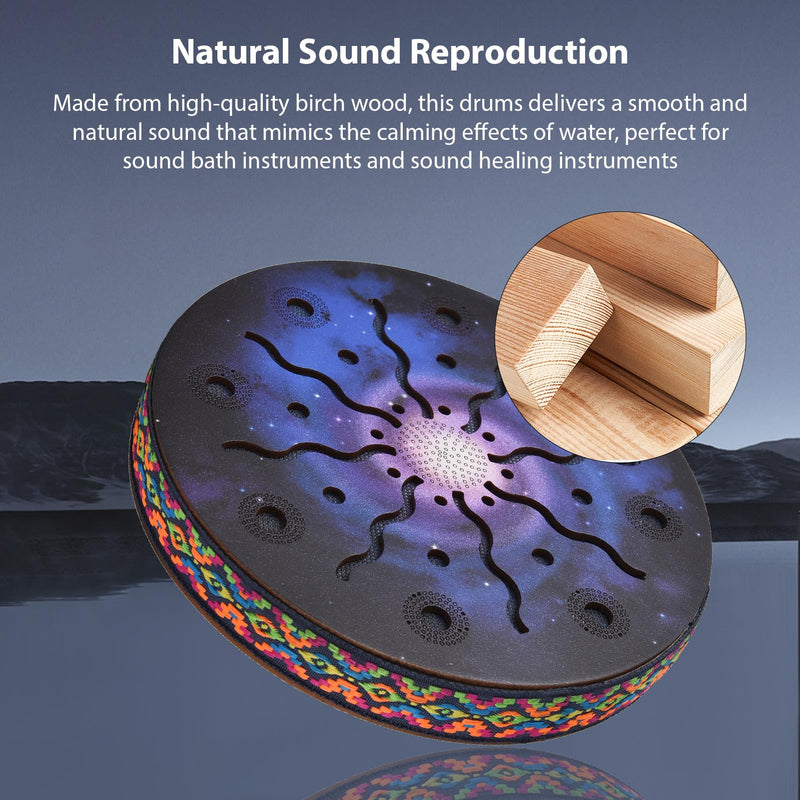 8 Inch Ocean Drum Ethnic Percussion Instrument Painted Drum Pattern Birch Wooden Drum Woven Edge for Home Party Supplies Onomatopoeic Music 8 INCH