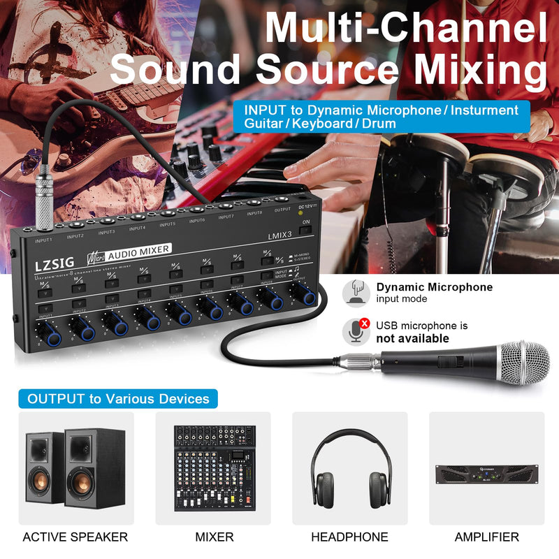 LZSIG Audio Mixer, Stereo Line Mixer for Sub-Mixing, Ultra Low-Noise, 8-Channel, Dynamic Microphone Independent Control, 1/4" & 1/8" TRS Output and Input, for Guitars,Bass,Keyboards Large(8-channel)