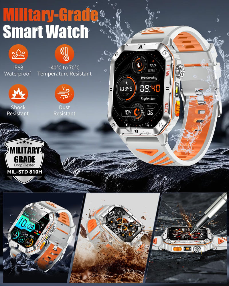 Military Smart Watch for Men, 2.01'' Fitness Tracker with 1200mAh Long Battery Life, Bluetooth Calls, Flashlight, IP68 Waterproof, Heart Rate/Sleep Tracking, 100+ Sports Modes for Android iPhone