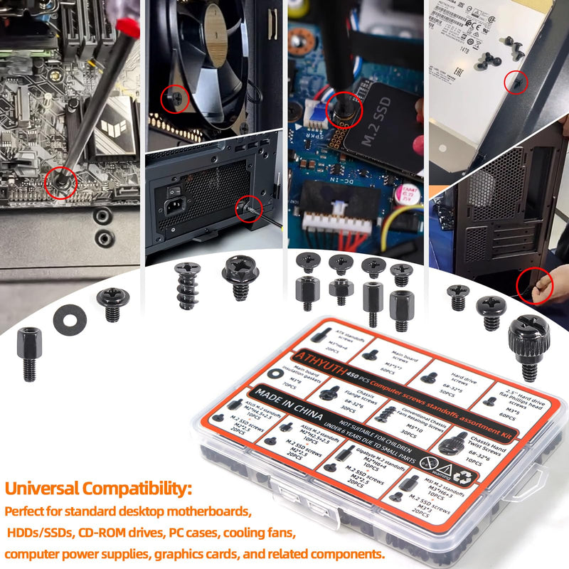 450-Piece Computer Screw Kit for PC Building and Repairing - Includes M.2 SSD Mounting Screws, Motherboard Standoff Screw, PC Case, SSD, HDD & Fan Screws | All-in-One Repair Kit