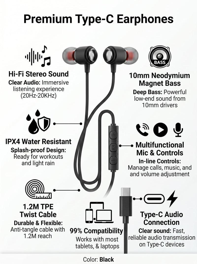Ember 30 Pack USB C Headphones Wired Earbuds for iPhone 17 16 15 Pro Max, Hi-Fi Type C Earbuds with Mic, Bulk Wired Headphones USB C for School Classroom Lab Library, Volume Control, Black