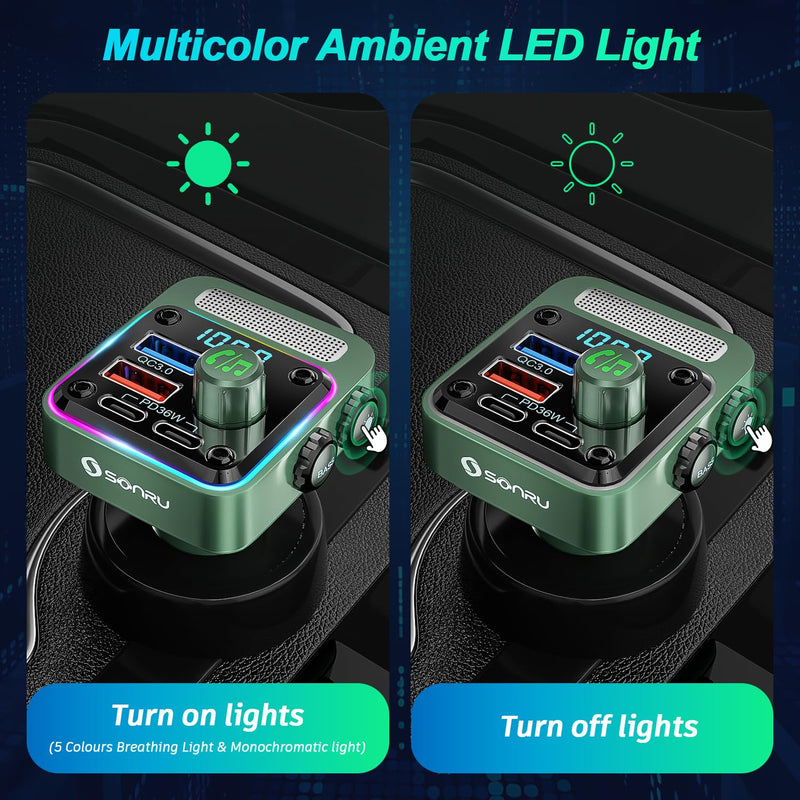 [AUSTRALIA] - Bluetooth 5.3 FM Transmitter Car Adapter - SONRU Car Charger 54W [PD 36W & QC3.0 18W], Wireless FM Radio Transmitter [HiFi Treble & Bass Player], 5 Colors LED Backlit, Hands-Free Calling, U-Disk Green 