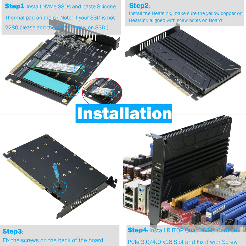 [AUSTRALIA] - Quad NVMe PCIe Adapter, RIITOP 4-Port NVMe to PCI-e 4.0/3.0 x16 Expand Controller Card with Heatsink for 2280/2260/2242/2230 M.2 NVMe SSD (PCI-e Bifurcation Required) 