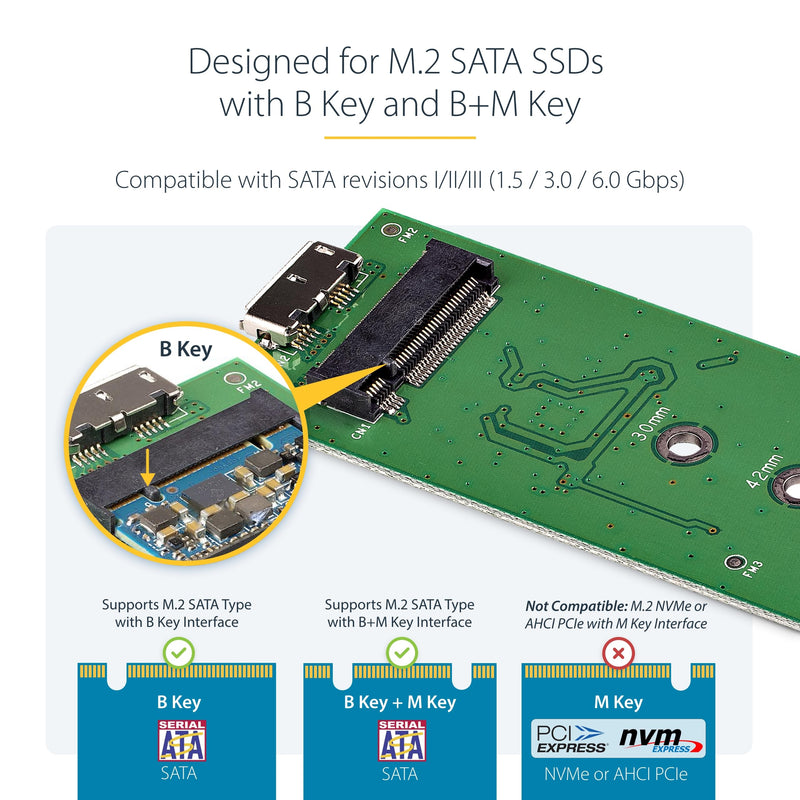 StarTech M.2 SATA SSD Enclosure, USB 3.1 10Gbps, Aluminum (SM21BMU31C3) | For USB-C host, Cable included, USB 3.1 Gen 2, 30 to 80mm, SATA I/II/III, Ventilation, Aluminum 10Gbps SATA