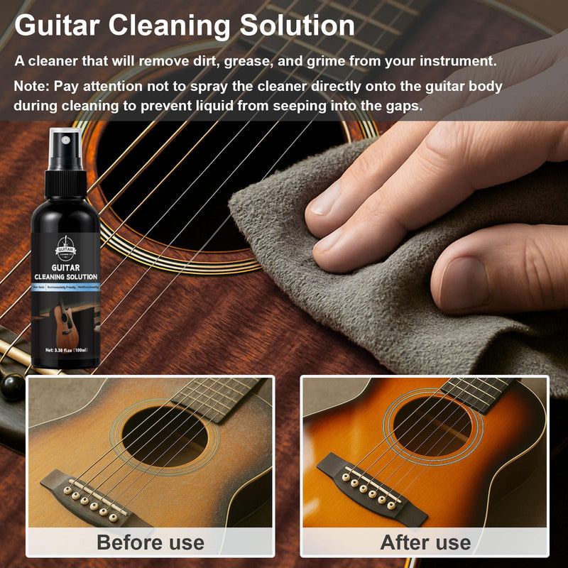 9Pcs Guitar Cleaning Kit, Guitar Maintenance Kit Includes Fret Polish, Cleaning Solution, Fretboard Lemon Oil, String Cleaning & Polish, String Cleaner, String Tuner, Masking Tape, 2 Cloth