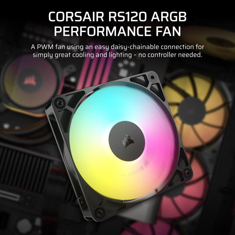CORSAIR RS120 ARGB 120mm PWM Fan – Daisy-Chain Connection – Low-Noise – Magnetic Dome Bearing – Single Pack – Black 1 x 120mm