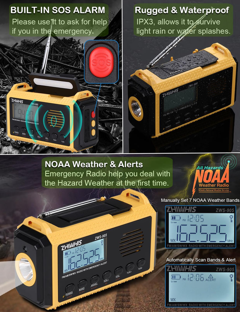 ZHIWHIS Emergency Radio with Auto NOAA Alerts, 10000mAh AM FM SW Weather Radios, Hand Crank/Solar/SOS/Flashligh/Reading Lamp/Timer Portable Receiver with Preset, for Emergencies ZWS-905