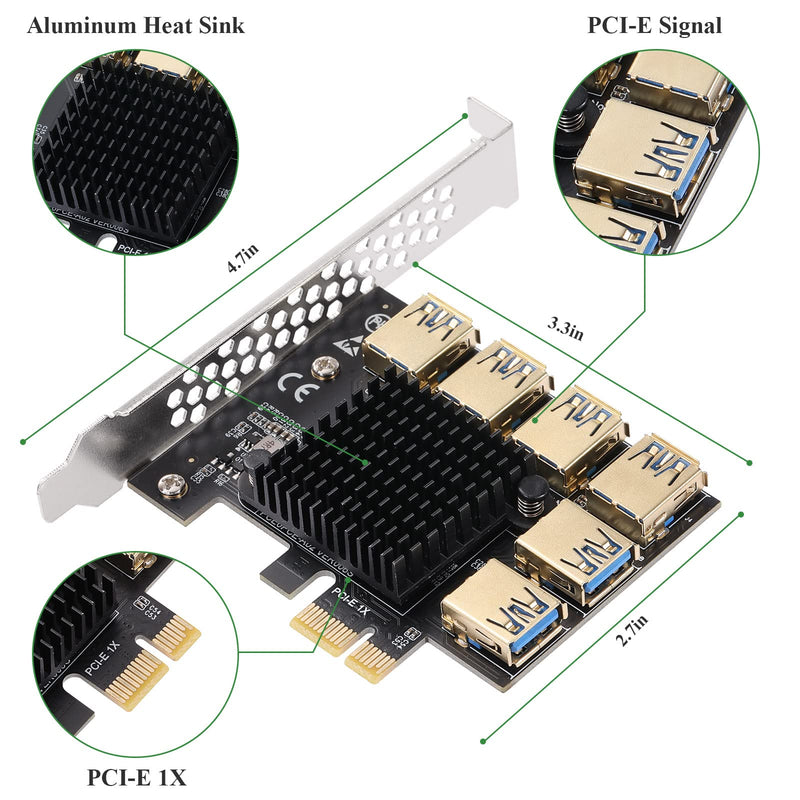 MZHOU PCI-E 1 to 6 USB Slots Riser Card - Higher Stability USB 3.0 Adapter Multiplier Card for Bitcoin Mining Compatible with Windows Linux Mac,Black PCIE 1X to 6USB-2