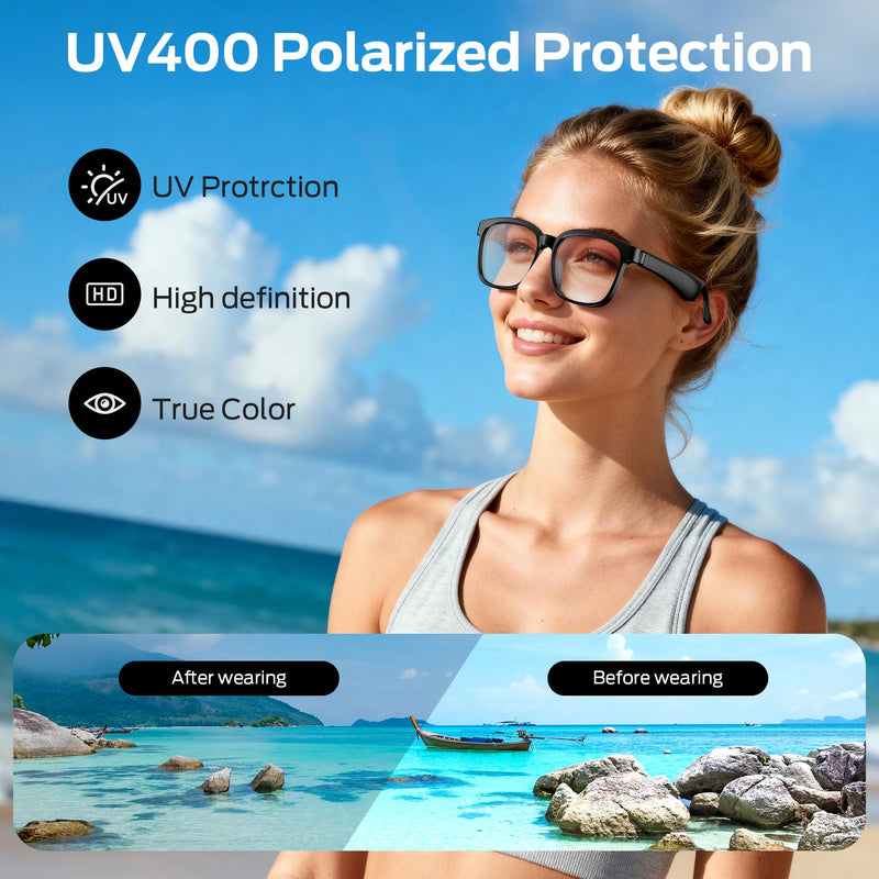 Oraolo Smart Glasses, Polarized Sunglasses with Bluetooth Speaker, Brown | Wireless Music & Calls, UV Protection, and Voice Control, Long-Lasting Battery Ideal for Athletic and Outdoor Use.