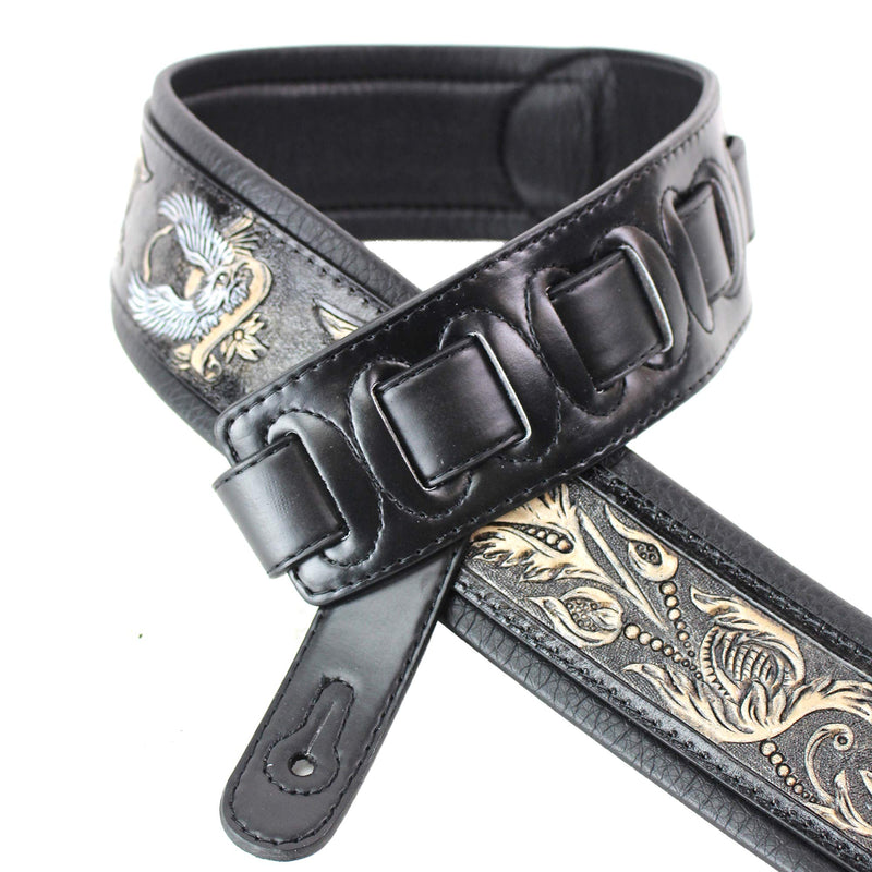 Walker & Williams KB-04-BLK Black Full Grain Handmade Center Block Premium Carving Leather Padded Guitar Strap With Banner Eagle And Vines For Acoustic, Electric, And Bass Guitars