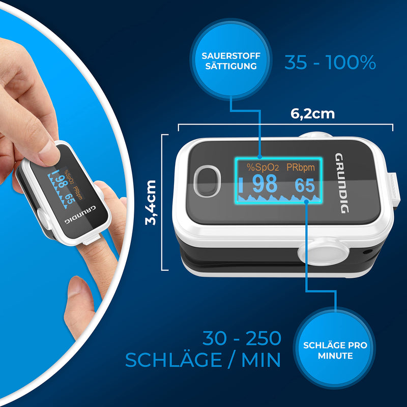 GRUNDIG Pulse Oximeter Oxygen Saturation Oximeter Test Winner - High Precision Finger Oximeter Meter for Accurate Measurement of Oxygen Saturation in the Blood - Finger Measuring Device Pulse Monitor White