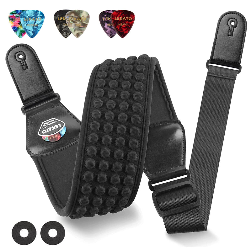 [AUSTRALIA] - LEKATO Guitar Straps for Electric Guitar Bass, 3" Wide Padded Guitar Strap Neoprene Pad with 3D Sponge Filling Bass Guitar Straps Adjustable Length from 45" to 55" with Strap Locks, Picks, Black 3 Inch 