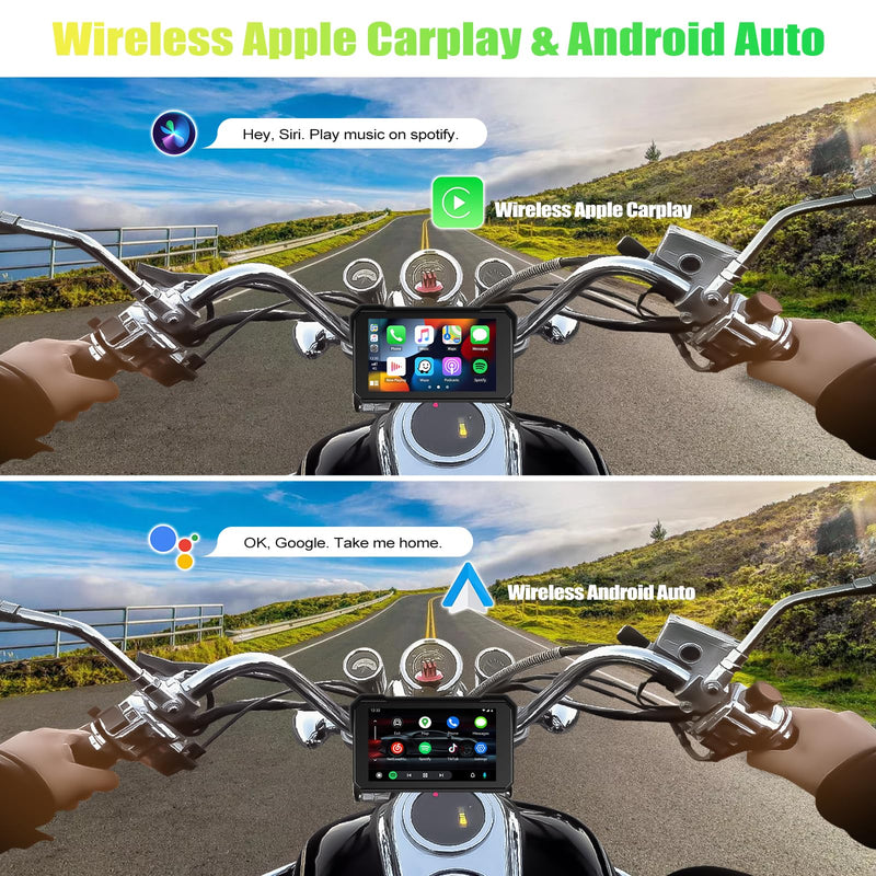 CAMECHO Wireless Motorcycle CarPlay & Android Auto 5 inch Touch Screen Waterproof Portable Moto Car Play Screen with Bluetooth, Navigation, Siri, Google Assistant for Motorbike