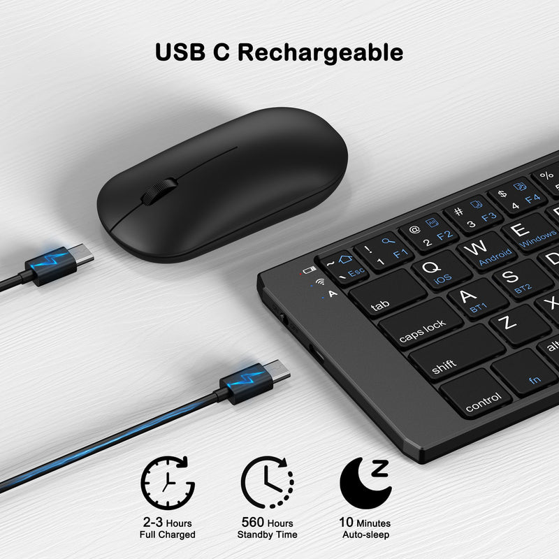 Foldable Keyboard and Mouse, EDJO Folding Wireless Keyboard Mouse Combo with Phone Holder, 2.4G Wireless and Bluetooth, USB-C Rechargeable Portable Keyboard Mouse for iOS Android Windows Mac OS