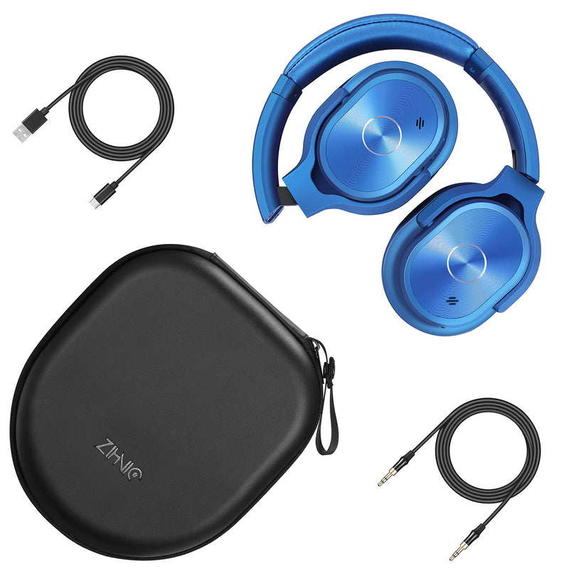 ZIHNIC Active Noise Cancelling Headphones, 40H Playtime Wireless Bluetooth Headset with Deep Bass Hi-Fi Stereo Sound,Over-Ear Headphone,Comfortable Earpads for Travel/Home/Office (Blue) Blue
