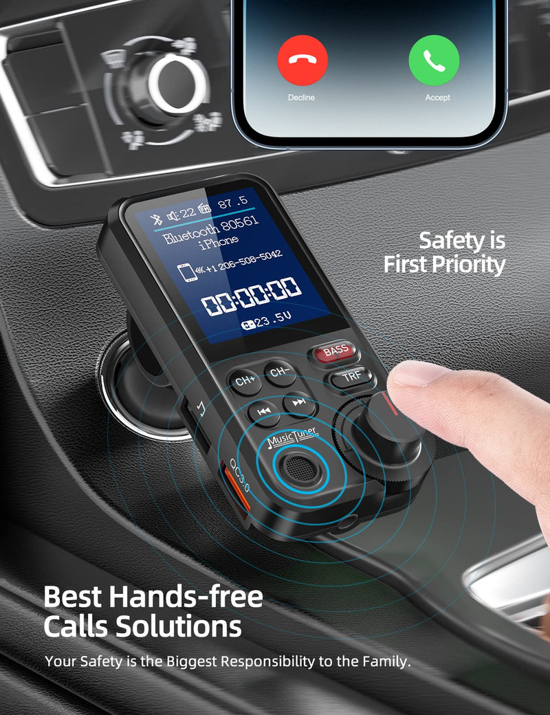 Nulaxy FM Bluetooth Transmitter for Car, Strong Microphone Bluetooth Car Adapter with 1.8" Color Screen for Hands Free Calls, Supports QC3.0 Charging, Treble and Bass Sound Music Player- KM30 Black