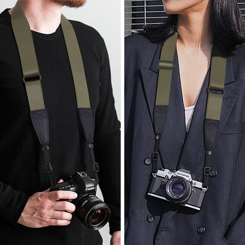 [AUSTRALIA] - Padwa Lifestyle Adjustable Camera Strap - 1.5" Full Grain Leather Ends Camera Straps for Photographers, Adjustable Neck Shoulder & Crossbody Nylon Strap Quick Release for Cameras and Binoculars Solid Olive Green Adjustable 38~66 inch / 1.5" Wide 