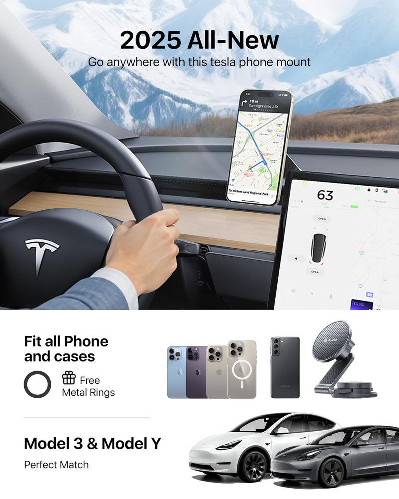 andobil 3rd Gen Tesla Phone Mount 【Upgrade Adhesive & Upgrade Stongest Magnet】 Phone Holder for Tesla New Model Y Juniper Model 3, 360° Adjustable Tesla Phone Holder fits iPhone 17 16 15 14 Pro Max Black