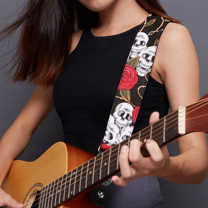 Amumu Guitar Strap – 2" Rose SKull Pattern for Acoustic, Electric and Bass Guitars, Adjustable 36'' - 63"