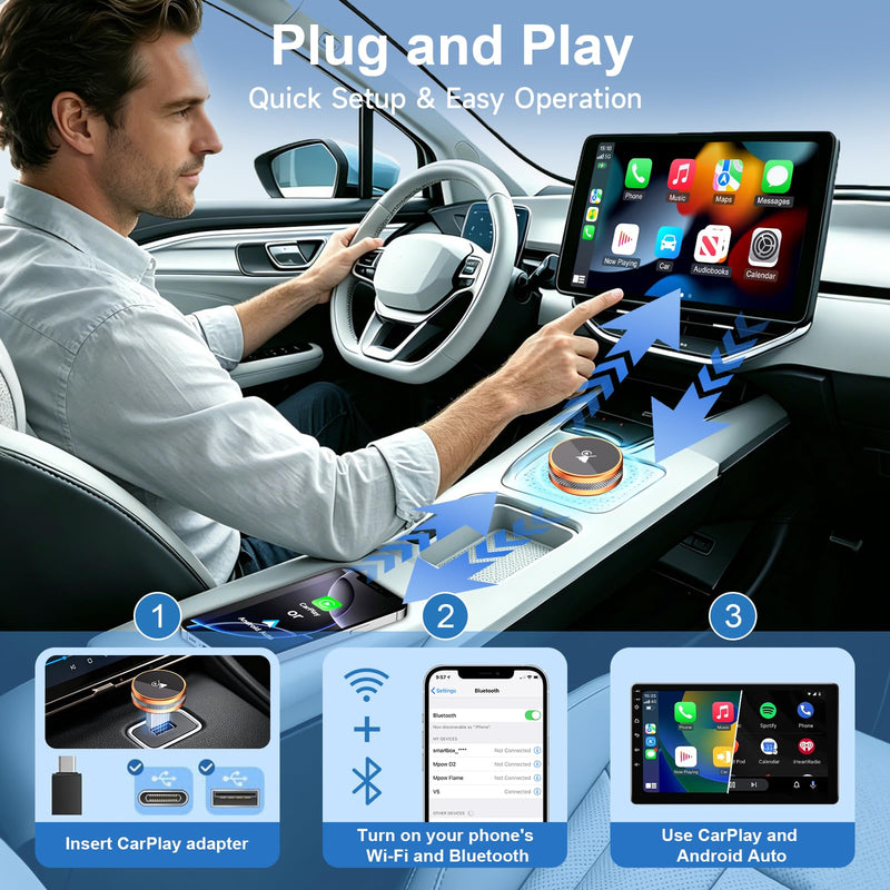 2-in-1 Wireless CarPlay Adapter for iPhone & Android Device, CarPlay Dongle Convert Wired to Wireless, Bluetooth & Wi-Fi, Plug & Play, Zero Latency, Compatible with USB/USB-C (Orange) Orange