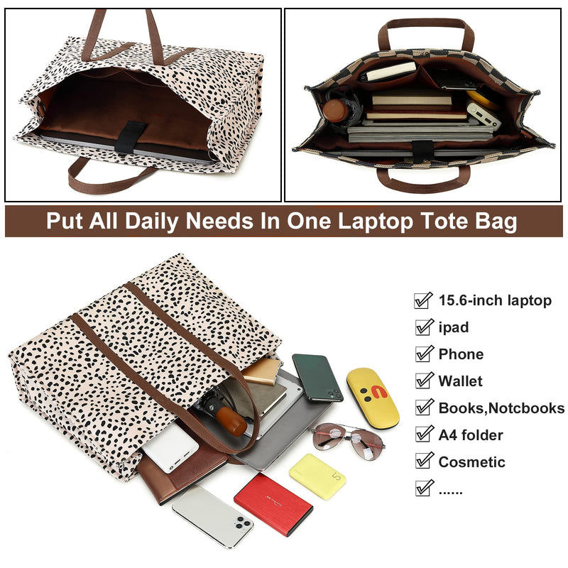Laptop Tote Bag for Women Work 15.6 inch Canvas Shoulder Bags Computer Messenger Purse Teacher Handbag Office Briefcase Leopard - Apricot
